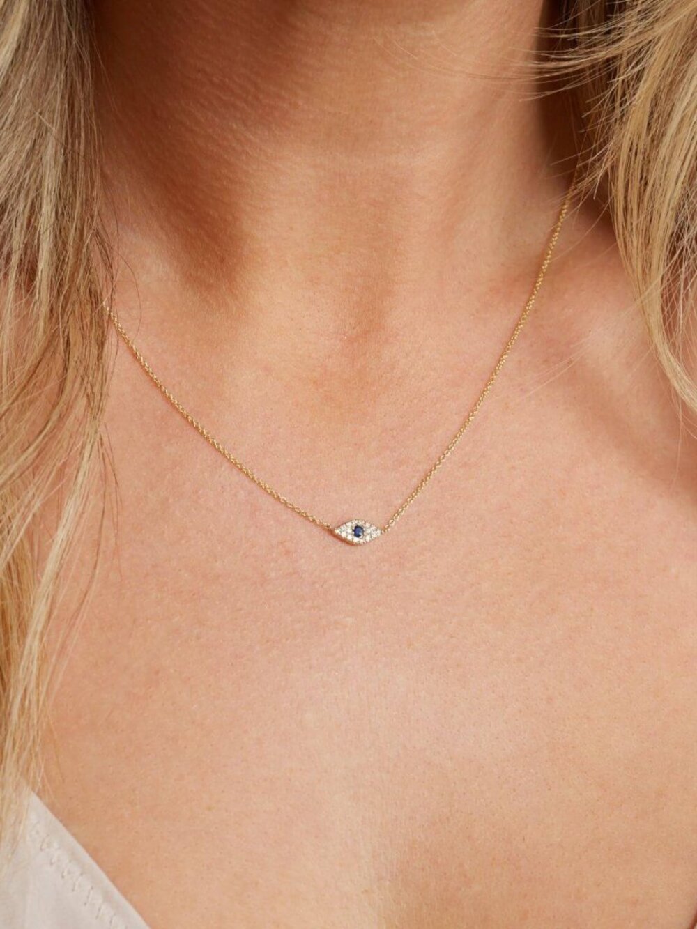 New Baby Gold Pave Diamond Evil Eye Necklace, Sapphire, Diamonds, 14K